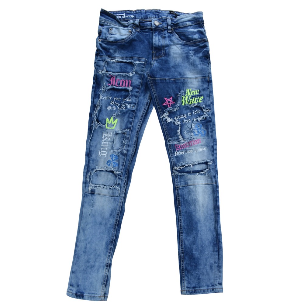 Copper Rivet Slim Fit Distressed Graphic Jeans Blue Mens 28 Icon King New Wave